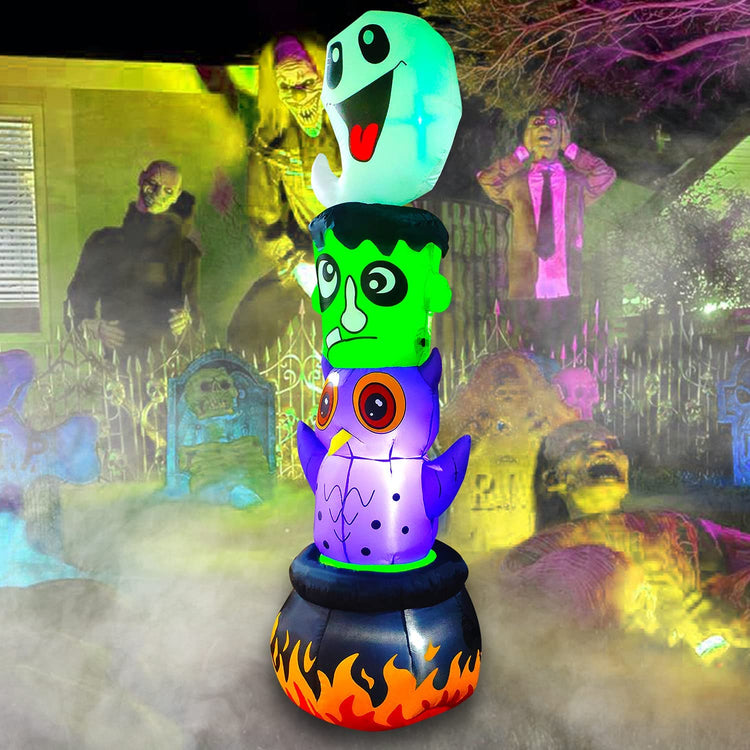 6 FT Seasonblow Halloween Inflatable Totem Pole with Ghost Frankenstein Monster Owl Cauldron Stacked Figures RGB LED Lighted Blow Up Decoration