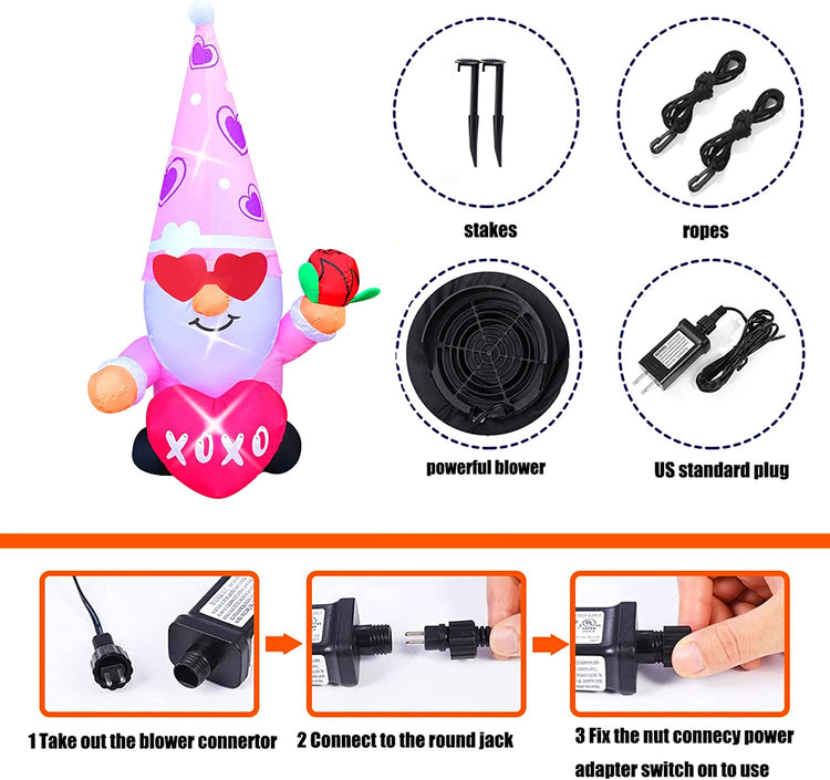 4 Ft Valentine's Day Inflatable Pink Gnome with Rose Light Up Decoration