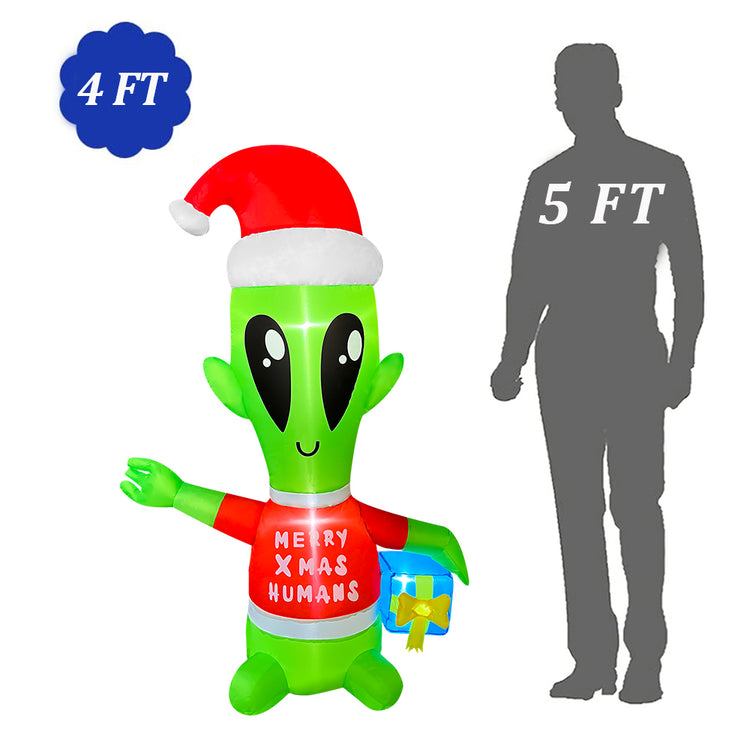 4 FT Christmas Inflatable Alien with Gift Box Decorations LED Lighted Xmas Blow Up for Party Indoor Outdoor Garden Yard Decor