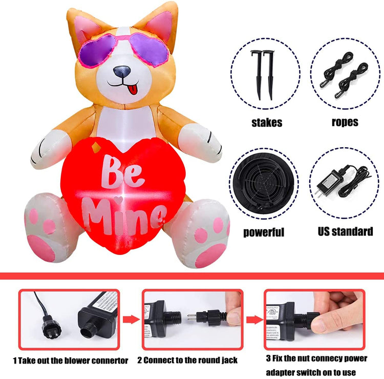 5 FT Inlflatable Valentine's Day Cute Corgi Dog with Heart Be Mine LED Light Up Decoration