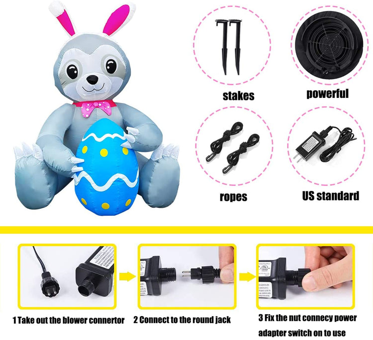 5 ft Inflatable Easter Sloth with Egg Blow Up Decoration LED Lighted for Lawn Yard Indoor Holidayoor Outdoor