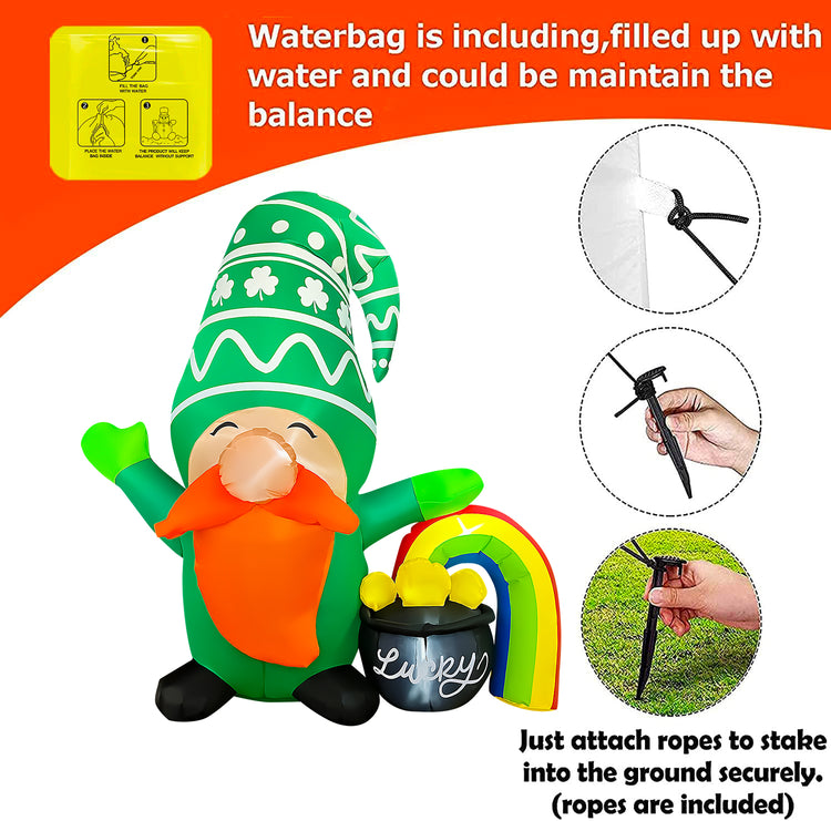 5Ft Inflatable St Patricks Day Gnome with Rainbow Pot of Gold Decoration, LED Light Up Blow up Gnome for Home Yard Lawn Garden Indoor Outdoor Party Holiday Decor