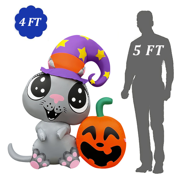 4 FT Halloween Inflatables Cute Witch's Cat with Pumpkin Decoration, Blow Up Yard Decor with LED Lights Built-in for Halloween Party Indoor Outdoor Holiday Decorations
