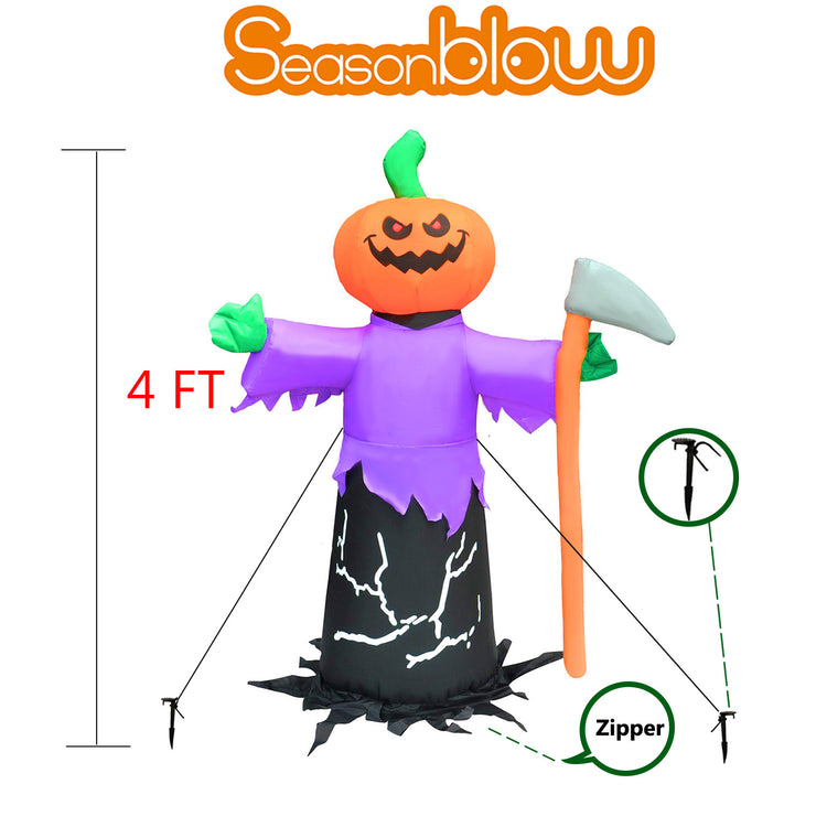 4 Ft Seasonblow Inflatable Halloween Pumpkin Scythe Ghost