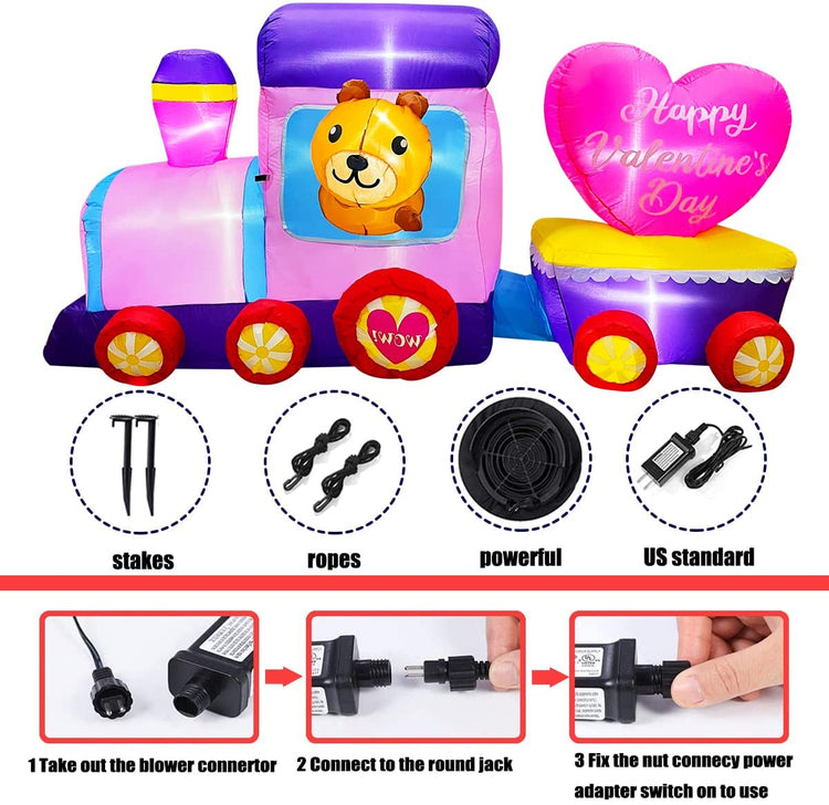 8 FT Inlflatable Valentine's Day Train with Bear Heart LED Light Up Decoration