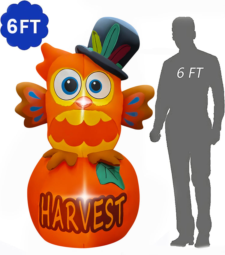 6FT Thanksgiving Inflatable Owl on Pumpkin,LED Light Up Blow Up Owl with Pilgrim Hat Decorations for Autumns Fall Thanksgiving Indoor Outdoor Lawn Holiday Decor