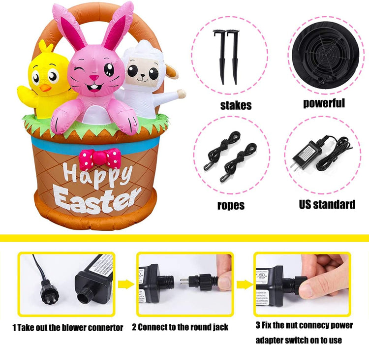 6 ft Inflatable Easter Bunny Chick Lamb in an Easter Basket Decoration Blow Up LED Lighted for Lawn Yard Garden Indoor Outdoor Home Holiday Party Decor