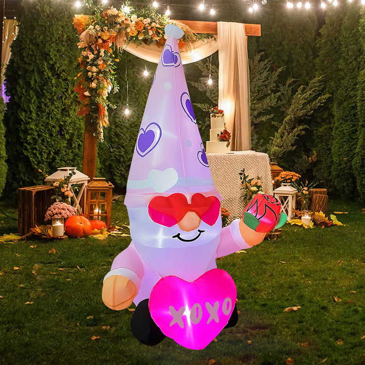 4 Ft Valentine's Day Inflatable Pink Gnome with Rose Light Up Decoration