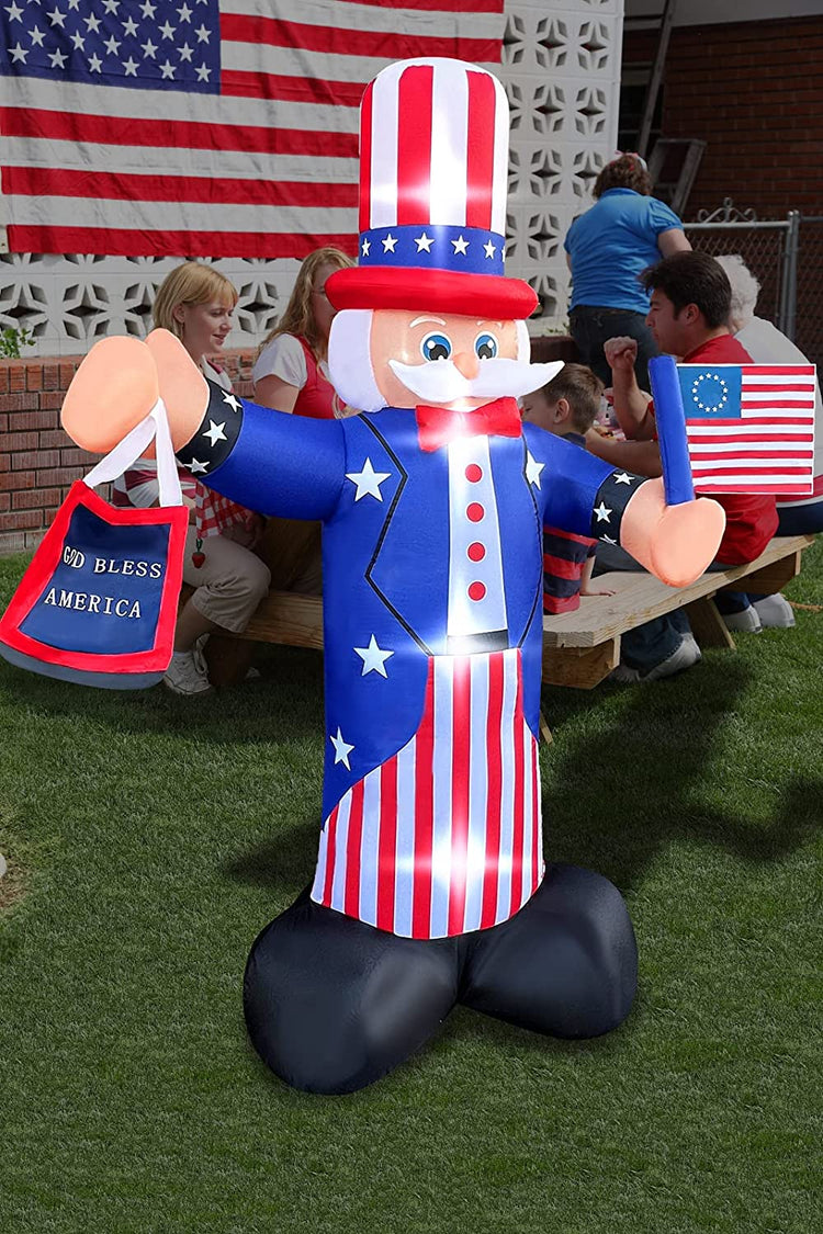 7ft Inflatable Patriotic Uncle Sam Holding Flag July 4th LED Blow Up Lighted Decor Indoor Outdoor Holiday Art Decor Decorations