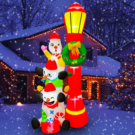 6 FT Seasonblow Inflatable Christmas Snowmans Stack of 3 with Street Light Sign