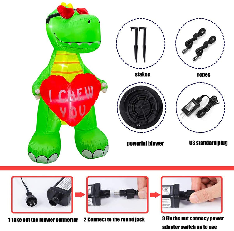 6 FT Inlflatable Valentine's Day Dinosaur with Heart LED Lighted Decoration