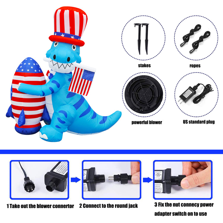 5 FT Independence Day Inflatable Dinosaur Holding a Rocket Decorations Patriotic 4th of July for Home Yard Lawn Garden Indoor Outdoor Decorat