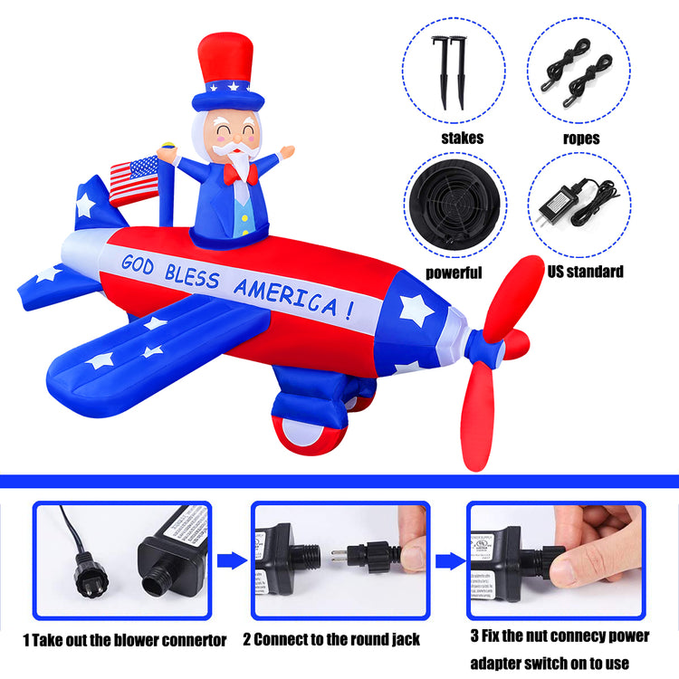 8FT Independence Day Inflatable Uncle Sam Flying Airplane & Airplane Propellers Spin Decoration Patriotic 4th of July for Home Yard Lawn Garden Indoor Outdoor Decoration