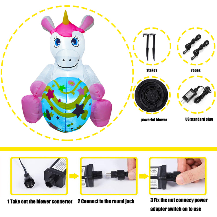 4 Ft SEASONBLOW LED Light Up Inflatable Easter Unicorn Eggs Decoration.