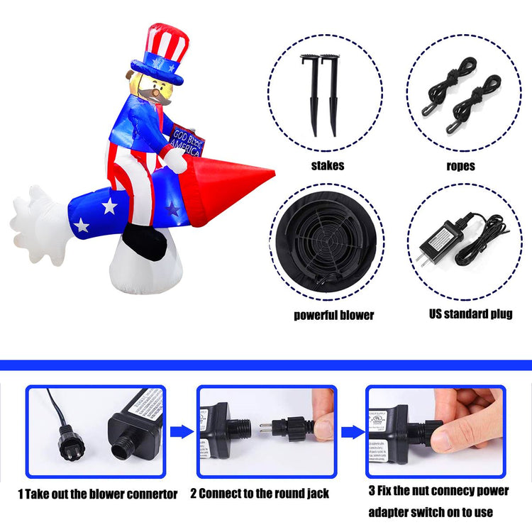 6Ft Seasonblow Inflatable Uncle Sam with Rocket on Independence Day.