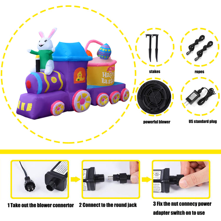 7FT SEASONBLOW Inflatable Easter Train with Bunny Basket Colorful Eggs Decorations.