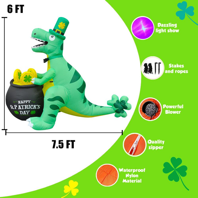 7.5Ft SeasonBlow Inflatable St. Patrick's Day Dinosaur Hold Money Jar.