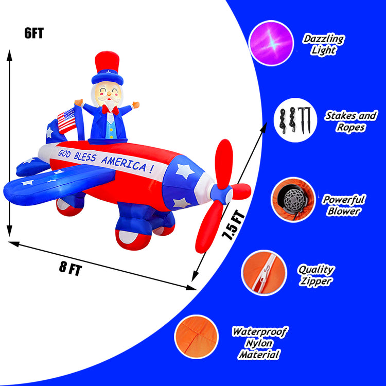 8FT Independence Day Inflatable Uncle Sam Flying Airplane & Airplane Propellers Spin Decoration Patriotic 4th of July for Home Yard Lawn Garden Indoor Outdoor Decoration