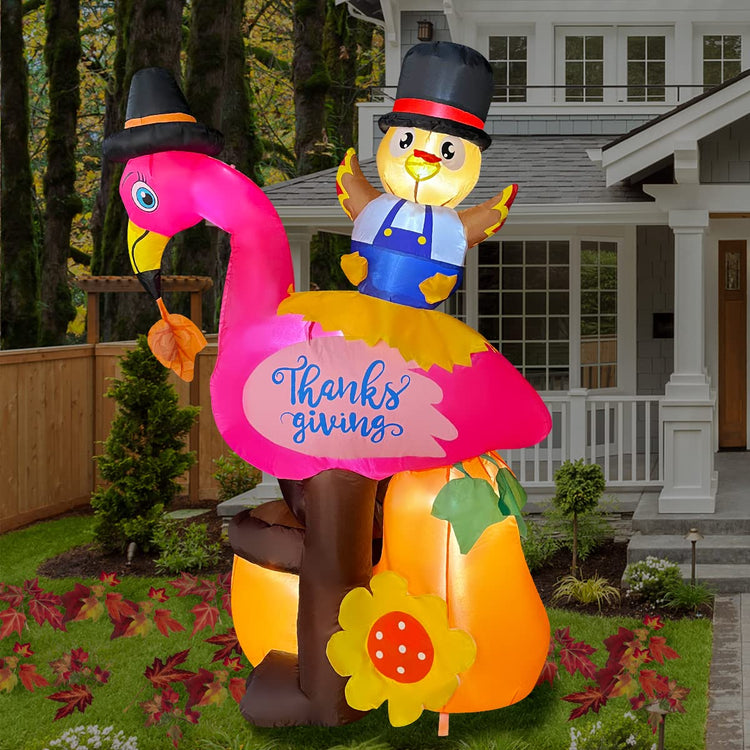 5Ft Thanksgiving Inflatable Flamingo with Turkey Decoration, LED Blow Up Lighted Decor Indoor Outdoor Holiday Art Decor Decorations