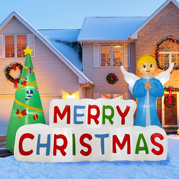 8.8ft Christmas Inflatable Angel Prayer & Christmas Tree with Merry Christmas Banner Decoration, LED Blow Up Lighted Decor Indoor Outdoor Holiday Art Decor