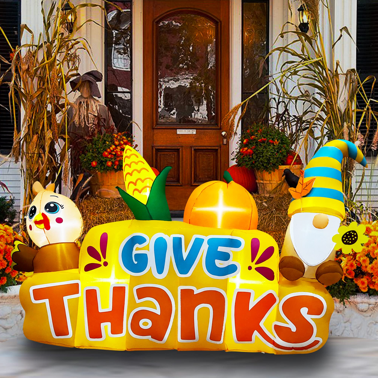 SEASONBLOW 7.8 Ft Thanksgiving Inflatable Banner with Turkey and Gnome Decorations Build-in LEDs Blow Up for Yard Lawn Garden Home Party Indoor Outdoor