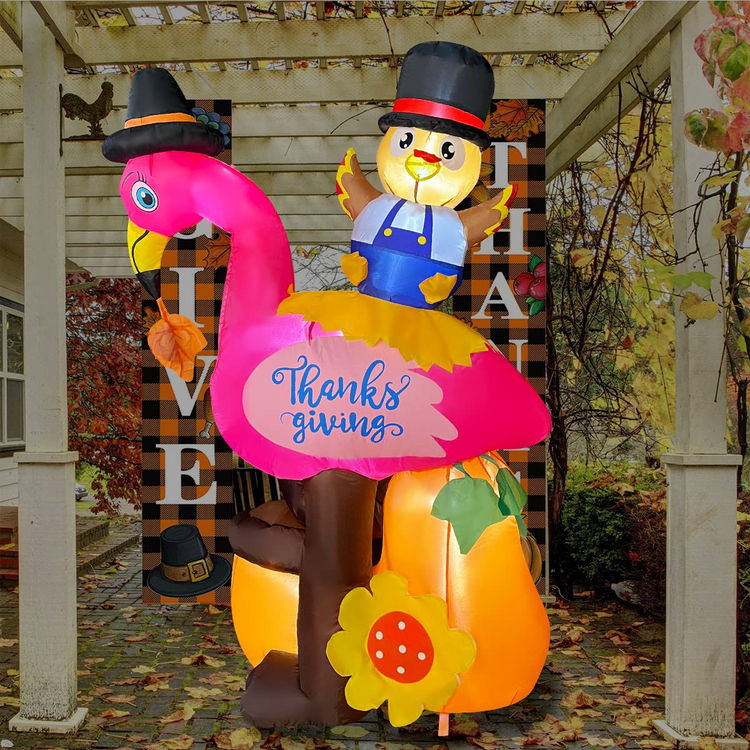 5Ft Thanksgiving Inflatable Flamingo with Turkey Decoration, LED Blow Up Lighted Decor Indoor Outdoor Holiday Art Decor Decorations