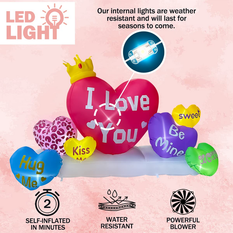 6 FT Valentine Inflatable Crown Hearts Funny Romantic LED Lighted Decoration for Birthday Wedding Yard Lawn Garden Home Party