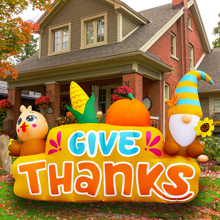 SEASONBLOW 7.8 Ft Thanksgiving Inflatable Banner with Turkey and Gnome Decorations Build-in LEDs Blow Up for Yard Lawn Garden Home Party Indoor Outdoor