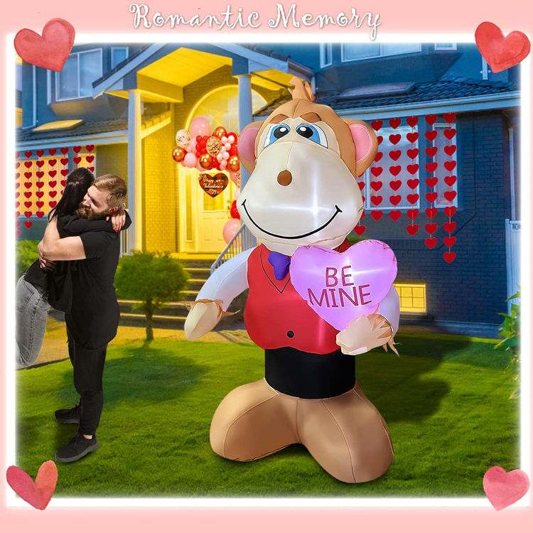 4 FT Valentine Inflatable Monkey Holding Heart LED Lighted Decoration for Birthday Wedding Yard Lawn Garden Home Party