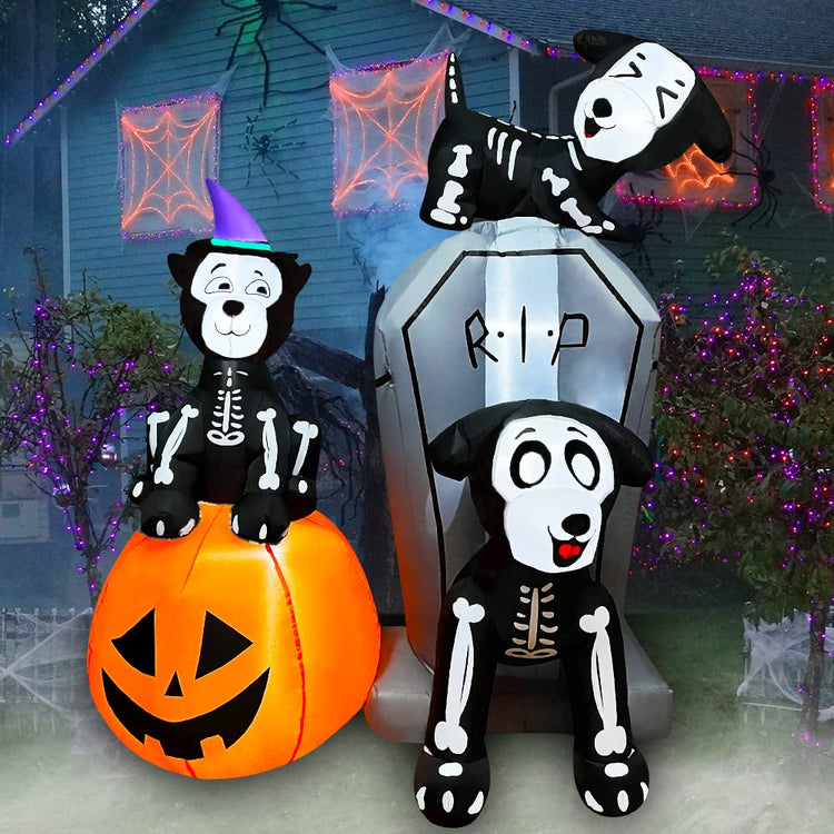 6 Ft Halloween Inflatables Tombstone Skeleton Dog Combo with Pumpkin Blow up Holiday Lighted Decoration for Indoor Outdoor & Yard Garden Lawn