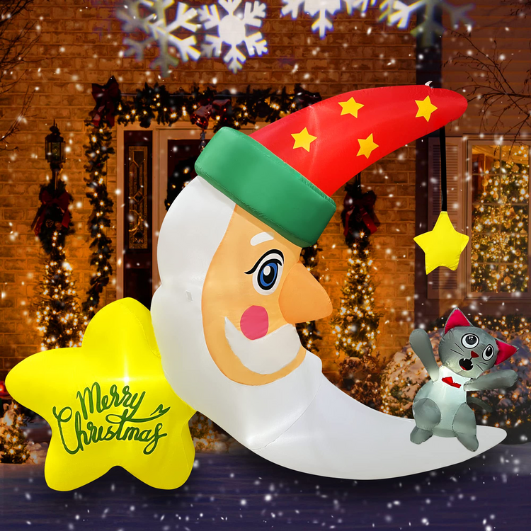 SEASONBLOW 6 Ft Christmas Inflatable Moon Santa Claus with Cat Decoration Lighted Blow Up for Yard Lawn Garden Home Party Indoor Outdoor