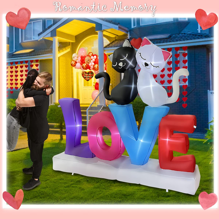 6 FT Valentine Inflatable Love Letters with Couple Cats LED Lighted Decoration for Birthday Wedding Yard Lawn Garden Home Party