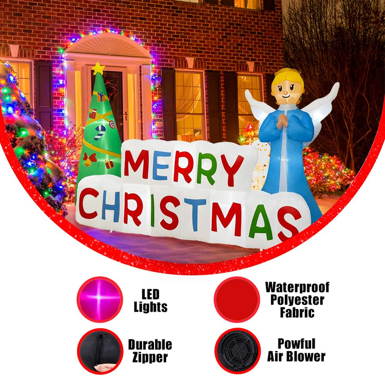8.8ft Christmas Inflatable Angel Prayer & Christmas Tree with Merry Christmas Banner Decoration, LED Blow Up Lighted Decor Indoor Outdoor Holiday Art Decor