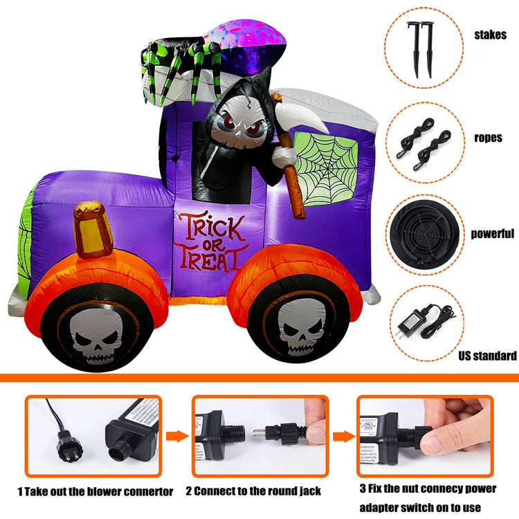 7 Ft Halloween Inflatable Grim Reaper Driving A Car with Spider LED Blow Up Lighted Decor Indoor Outdoor Holiday Art Decor Decorations