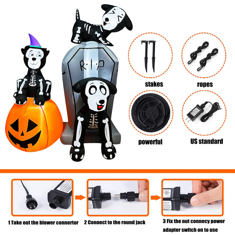 6 Ft Halloween Inflatables Tombstone Skeleton Dog Combo with Pumpkin Blow up Holiday Lighted Decoration for Indoor Outdoor & Yard Garden Lawn