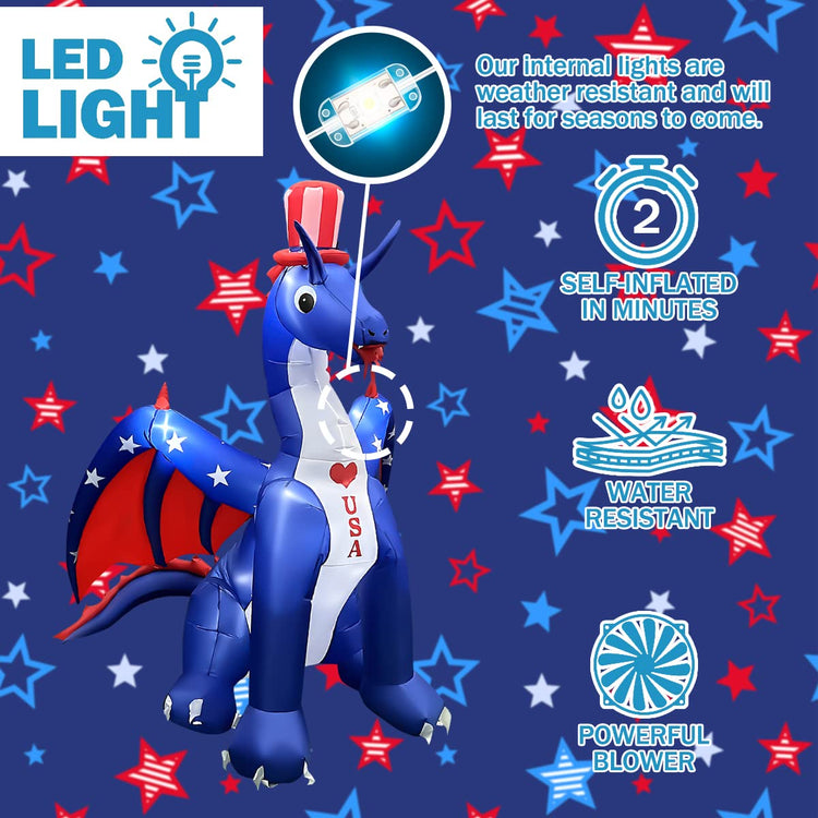 8 FT Independence Day Inflatable Dragon with America Style Decorations Patriotic 4th of July for Home Yard Lawn Garden Indoor Outdoor Decorat