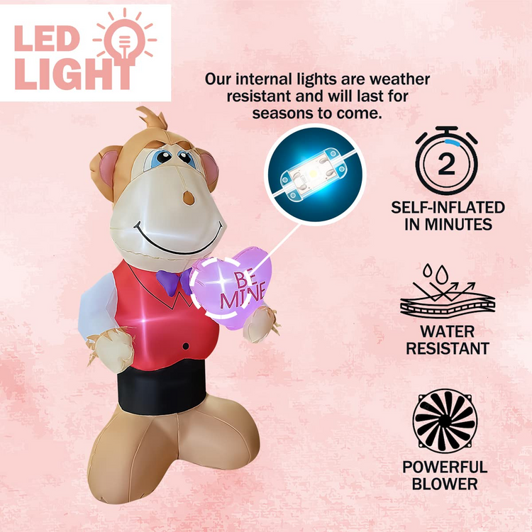 4 FT Valentine Inflatable Monkey Holding Heart LED Lighted Decoration for Birthday Wedding Yard Lawn Garden Home Party