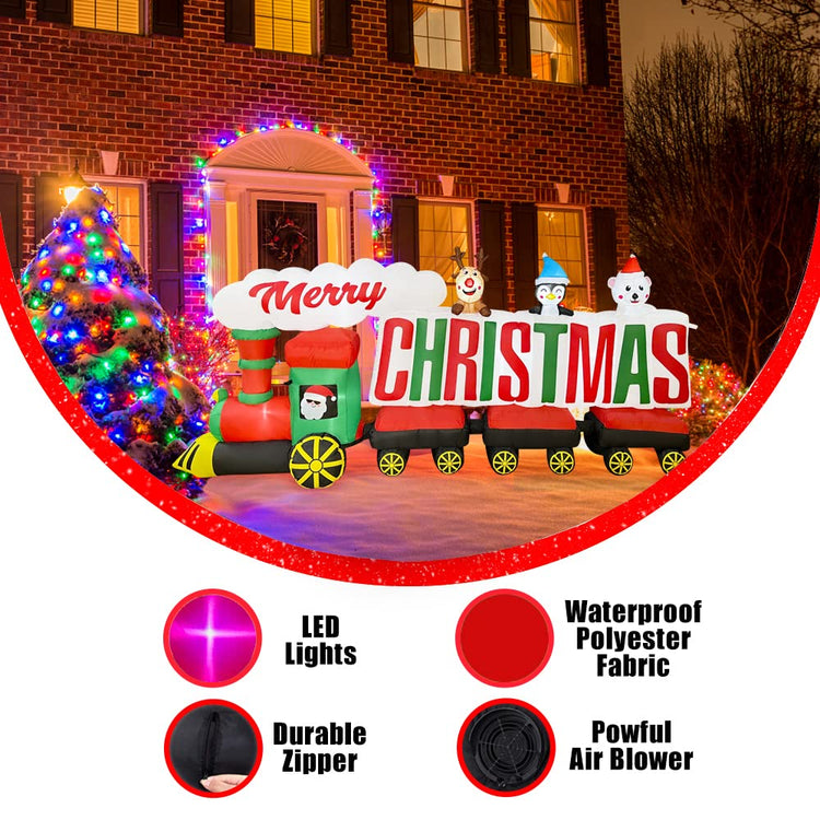 9ft Inflatable Santa Train with Penguin Reindeer Bear Decorations, Merry Christmas Sign LED Blow Up Lighted Decor Indoor Outdoor Holiday Decor