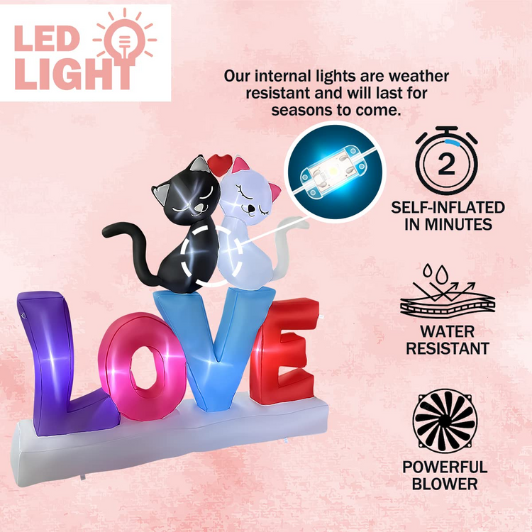 6 FT Valentine Inflatable Love Letters with Couple Cats LED Lighted Decoration for Birthday Wedding Yard Lawn Garden Home Party