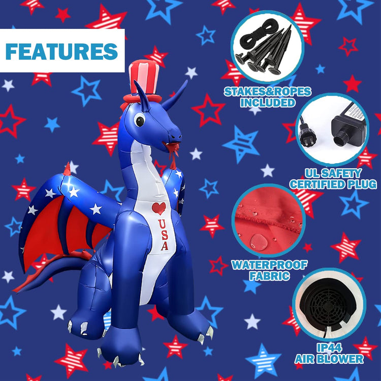 8 FT Independence Day Inflatable Dragon with America Style Decorations Patriotic 4th of July for Home Yard Lawn Garden Indoor Outdoor Decorat