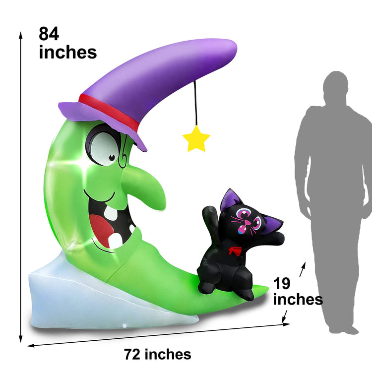 7FT Halloween Inflatable Witch Moon with Black Cat Decoration, LED Blow Up Lighted Decor Indoor Outdoor Holiday Art Decor Decorations
