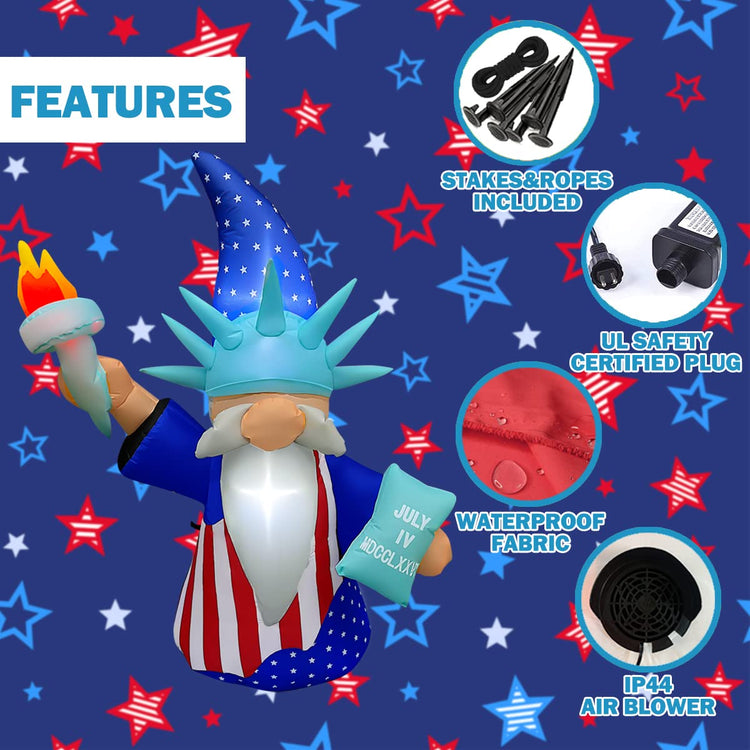 5 Ft Patriotic Independence Day Inflatable gnome of Liberty with Torch Decorations