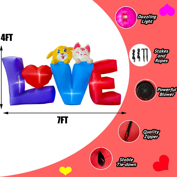 7 FT Valentine's Inflatable Love Heart with Dog and Cat LED Lighted Decoration for Birthday Wedding Yard Lawn Garden Home Party