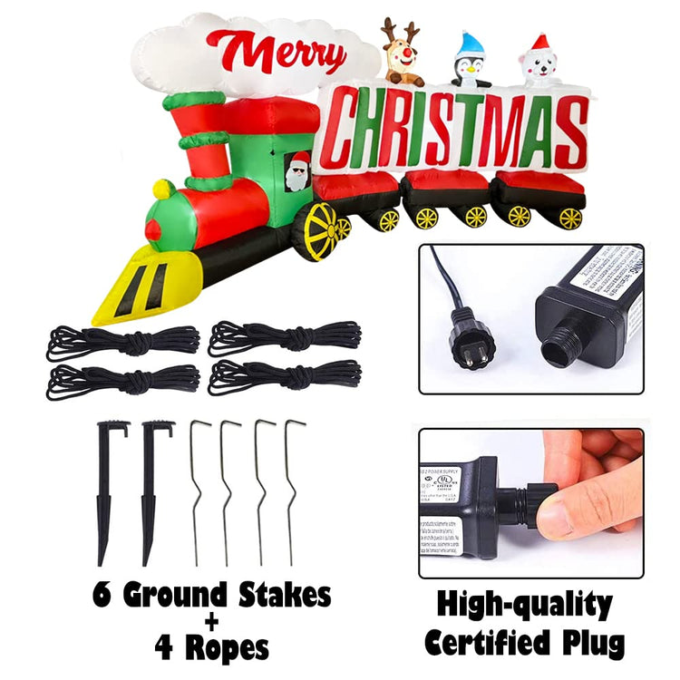 9ft Inflatable Santa Train with Penguin Reindeer Bear Decorations, Merry Christmas Sign LED Blow Up Lighted Decor Indoor Outdoor Holiday Decor