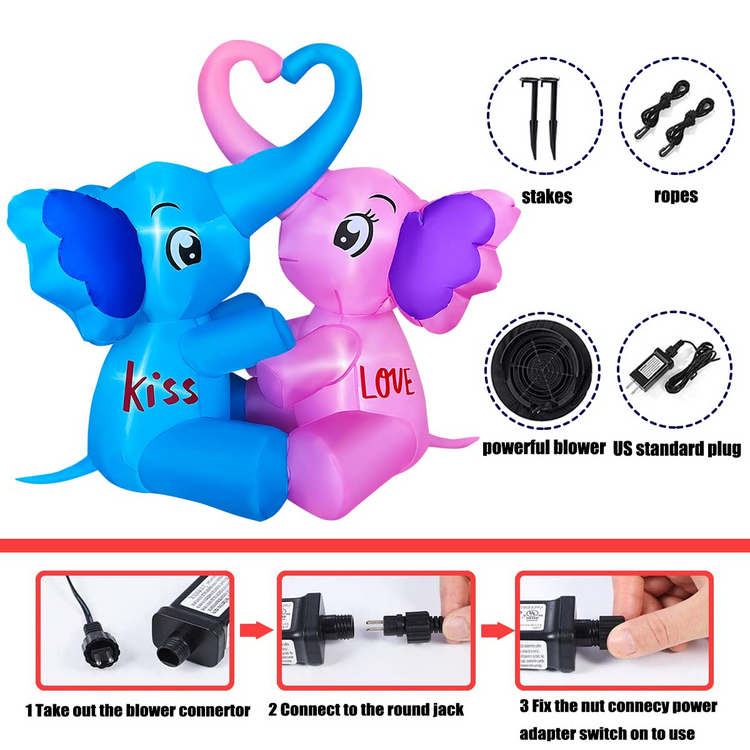 4 FT Inflatable Valentine's Day Kiss Couple Elephants LED Lighted Decoration for Birthday Wedding Yard Lawn Garden Home Party
