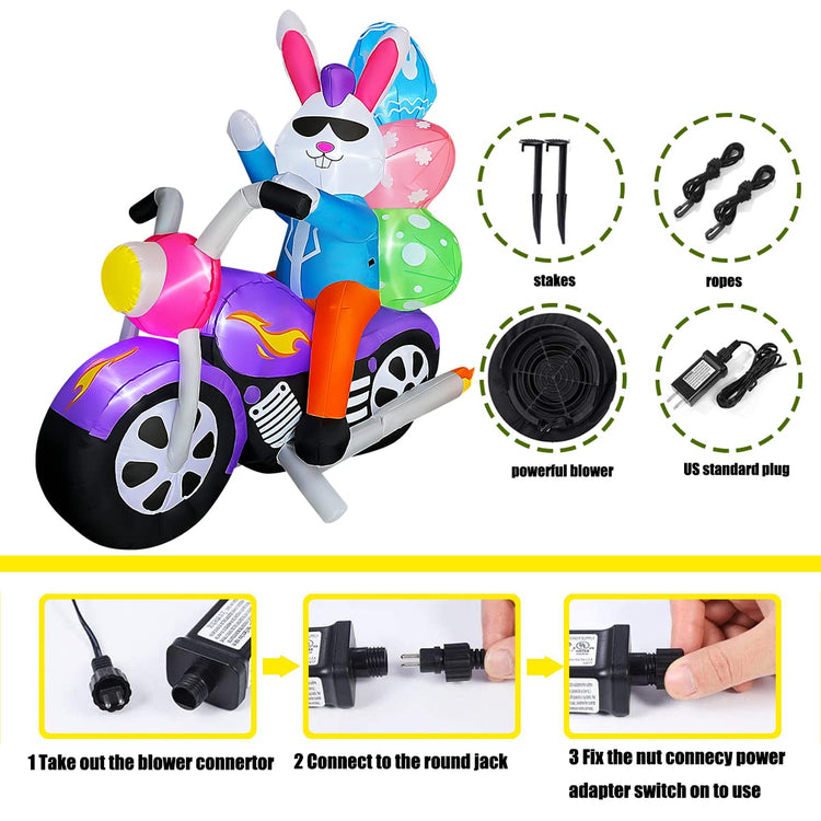 6 FT Easter Inflatable Bunny Riding Motorcycle with Eggs Decorations LED Light Blow Up Rabbit for Yard Lawn Garden Home Outdoor Indoor Holiday Decor