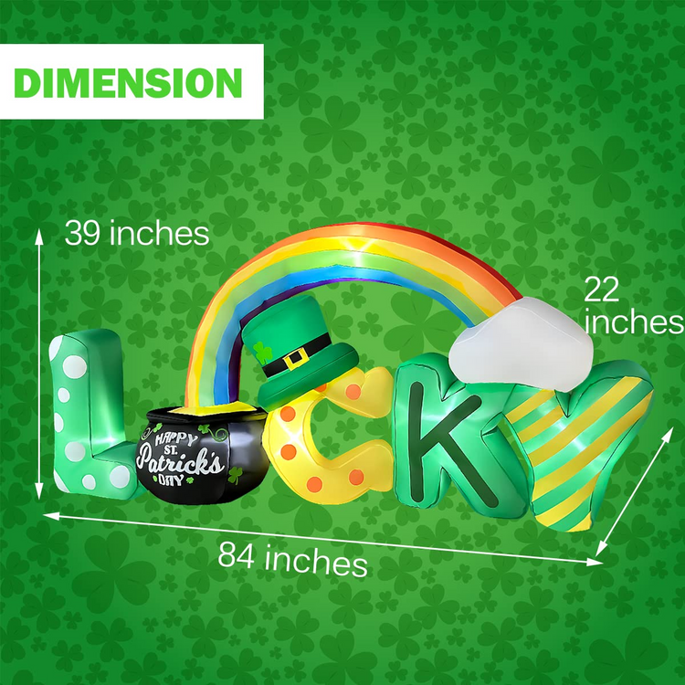 6.5 Foot Long St. Patrick Day Inflatable Lucky Letters with Gold Pot and Rainbow Decoration for Indoor Outdoor Blow Up Lawn Yard Decor