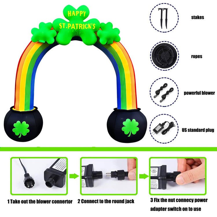 10 FT Inflatable St. Patrick's Day Shamrock Rainbow Arch Decoration LED Light Up for Home Yard Lawn Garden Indoor Outdoor