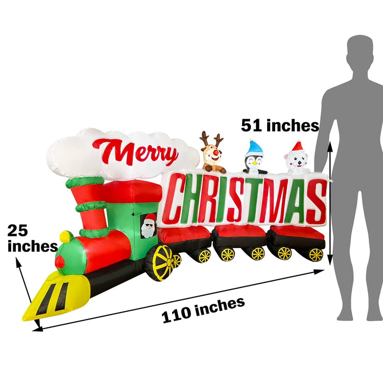 9ft Inflatable Santa Train with Penguin Reindeer Bear Decorations, Merry Christmas Sign LED Blow Up Lighted Decor Indoor Outdoor Holiday Decor