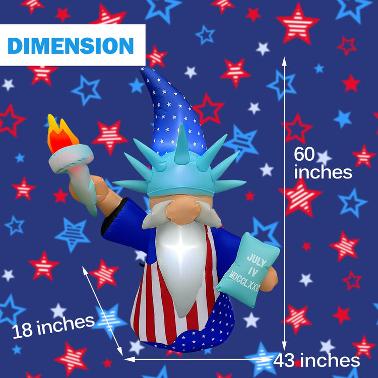 5 Ft Patriotic Independence Day Inflatable gnome of Liberty with Torch Decorations